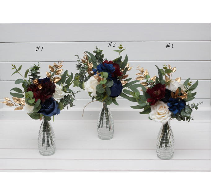 Wedding Table Flowers in Navy Blue, Burgundy, Ivory & Gold