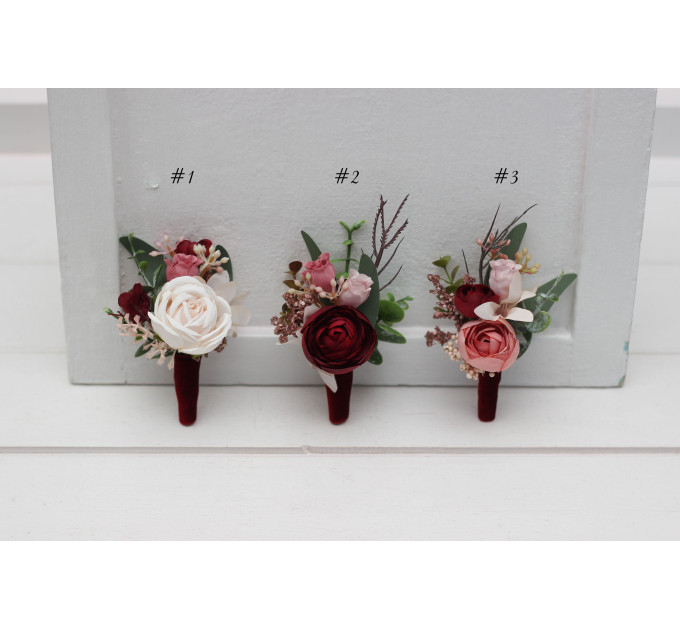 Wedding Boutonnieres in Burgundy, Dusty Rose & Blush Pink Tones