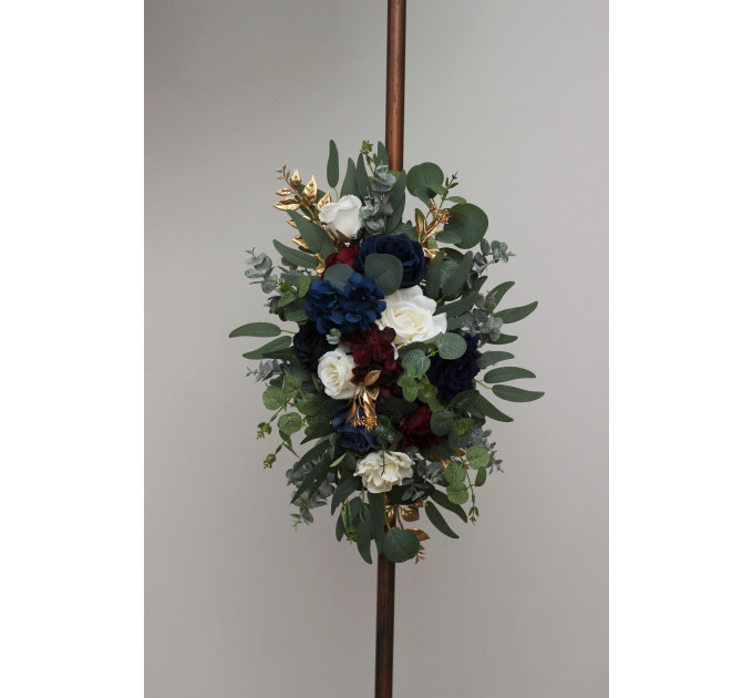 Elegant Ceremony Arch Flowers in Navy Blue, Burgundy, Ivory & Gold