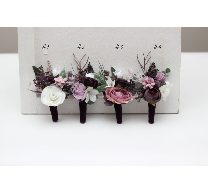 Wedding Boutonnieres in Purple, Lilac & White Floral Tones