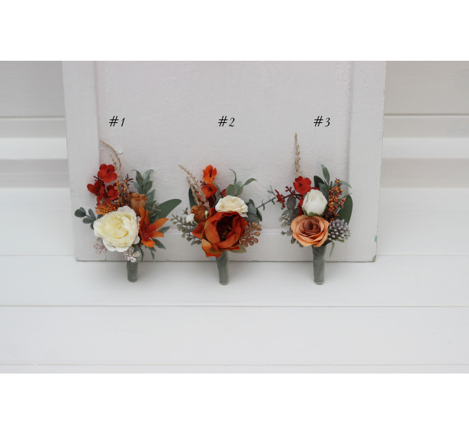 Wedding Boutonnieres in Burnt Orange, Ivory & Sage Green Tones