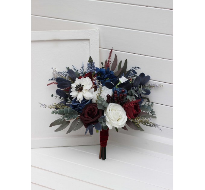 Wedding bouquet in burgundy white navy blue colors. Bridal bouquet. Cascading bouquet. Faux bouquet. Bridesmaid bouquet. 5051