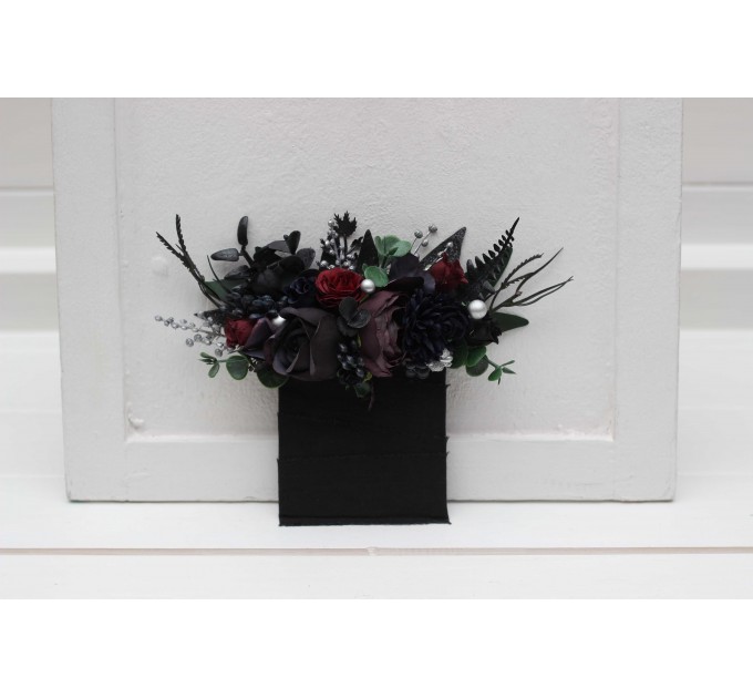  Wedding boutonnieres and wrist corsage  in purple black navy blue burgundy silver green color scheme. Flower accessories. Pocket boutonniere. 5320