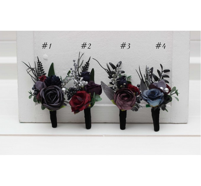  Wedding boutonnieres and wrist corsage  in purple black navy blue burgundy silver green color scheme. Flower accessories. Pocket boutonniere. 5320