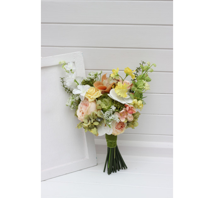 Peach, Yellow, White & Dusty Olive Asymmetrical Bridal Bouquet
