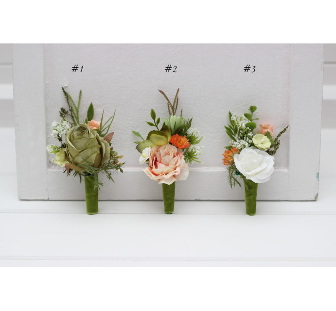 Groom & Groomsmen Flowers in Peach, Yellow, White & Dusty Olive