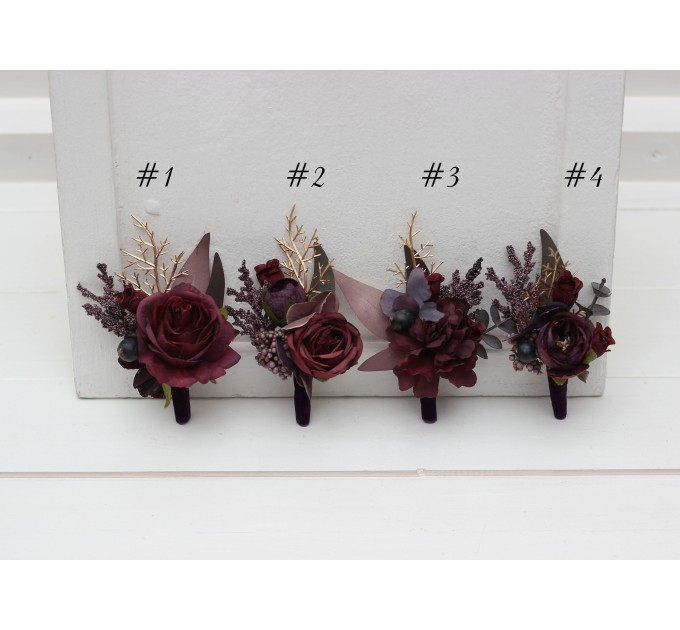  Wedding boutonnieres and wrist corsage  in purple burgundy gold color scheme. Flower accessories. 5223