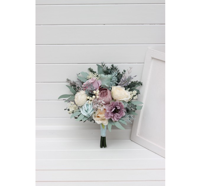 Bouquets in dusty purple pale turquoise cream color theme. Bridal bouquet. Faux bouquet. Bridesmaid bouquet. 5322