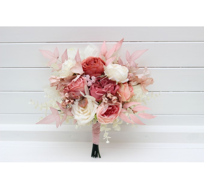 Cascade Bridal and Bridesmaid Bouquets in Dusty Rose and Cream