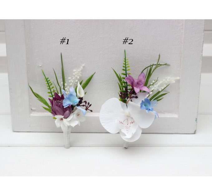 Tropical Boutonnieres in White, Blue & Magenta for Groom & Groomsmen
