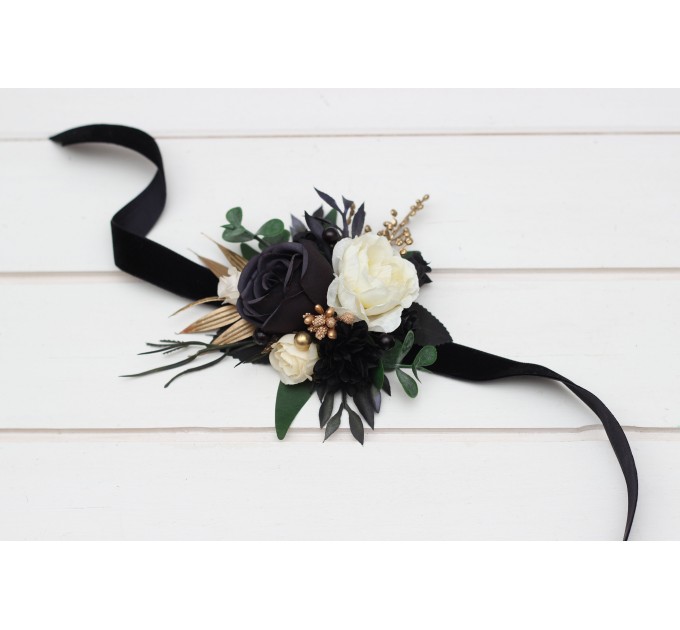  Wedding boutonnieres and wrist corsage  in hunter green ivory black gold color scheme. Flower accessories. 5300