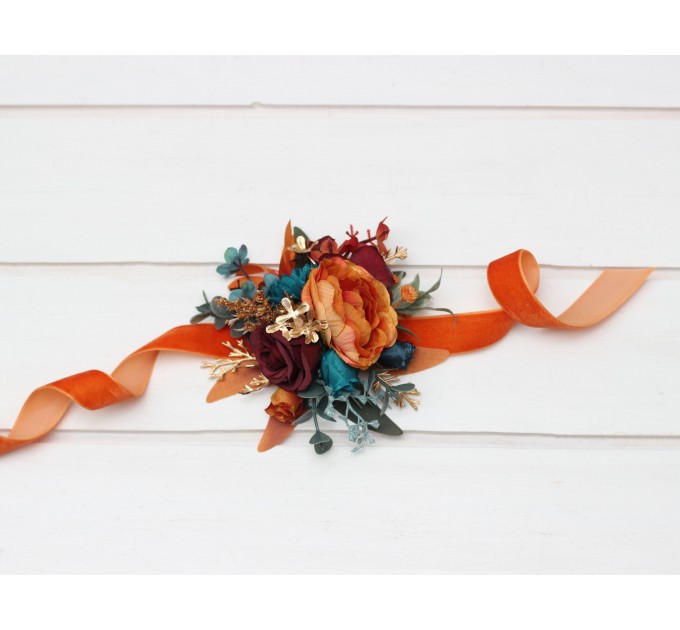  Wedding boutonnieres and wrist corsage  in teal rust burgundy gold color scheme. Flower accessories. 5311