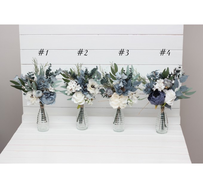 Mini bouquets for vases. Flowers for wedding decor. Dusty blue white bouquts. Centerpiece. 0508