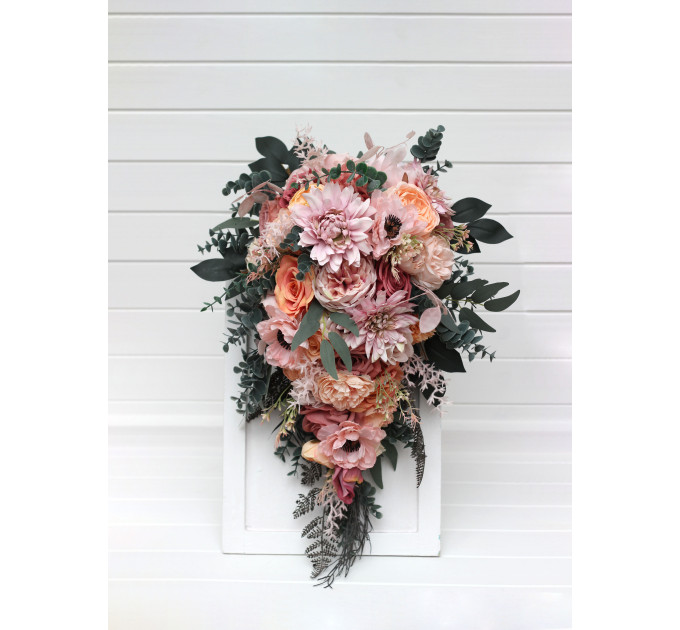 Romantic Cascading Wedding Bouquet in Dusty Rose, Blush Pink & Peach