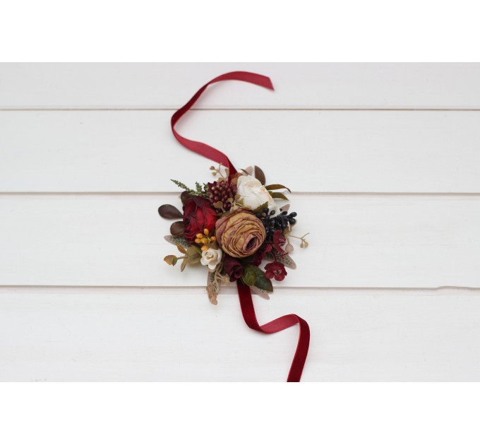  Wedding boutonnieres and wrist corsage  in burgundy ivory white brown color scheme. Flower accessories. Pocket boutonniere. 5310