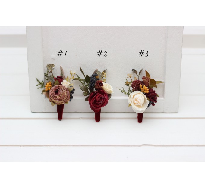  Wedding boutonnieres and wrist corsage  in burgundy ivory white brown color scheme. Flower accessories. Pocket boutonniere. 5310