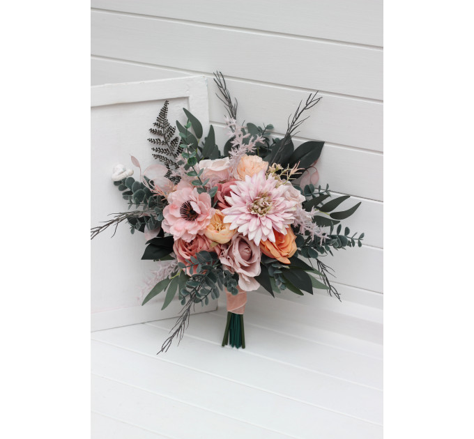 Romantic Cascading Wedding Bouquet in Dusty Rose, Blush Pink & Peach