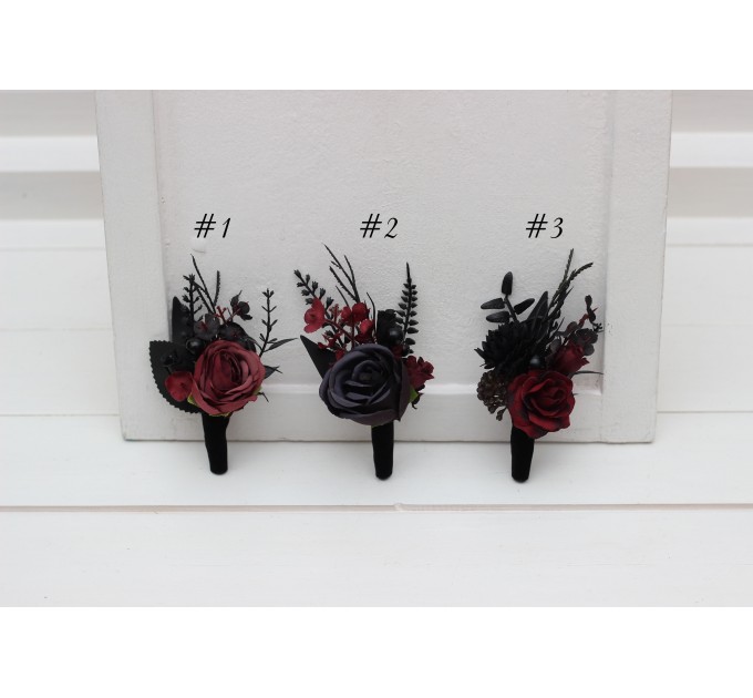  Wedding boutonnieres and wrist corsage  in black and burgundy color scheme. Flower accessories. Pocket boutonniere. 5325