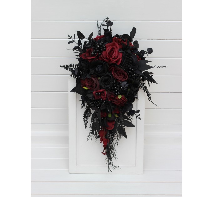 Bouquets in black and burgundy color theme. Bridal bouquet. Faux bouquet. Bridesmaid bouquet. Cascading bouquet. 5325