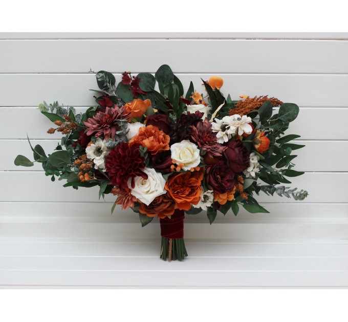 Bouquets in burnt orange burgundy cream color theme. Bridal bouquet. Faux bouquet. Bridesmaid bouquet. 5323