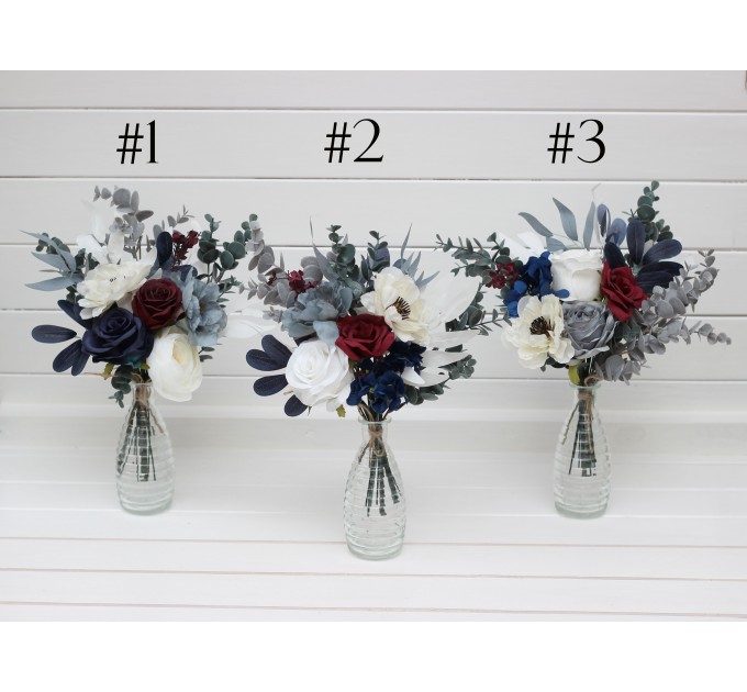 Mini bouquets for vases. White burgundy navy blue dusty blue gray flowers for wedding decor. Centerpiece. 5063