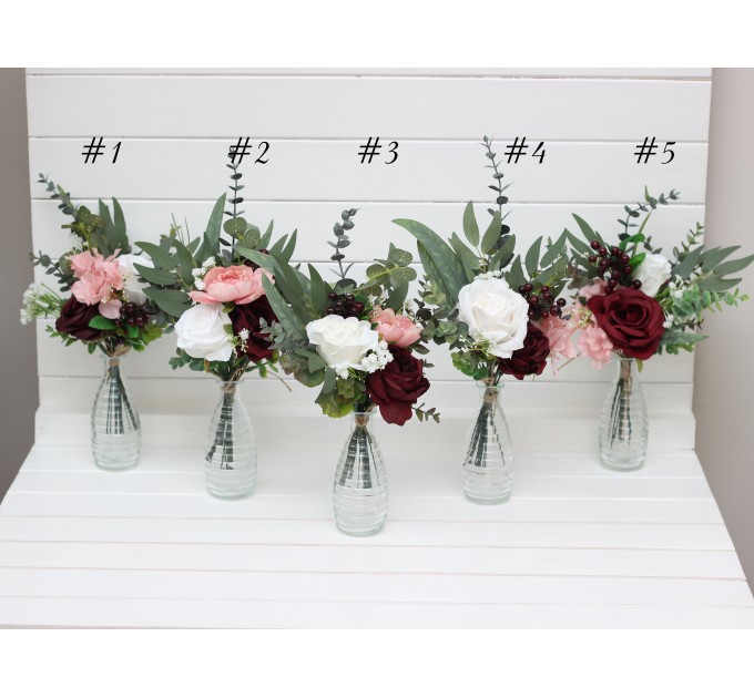 Burgundy blush pink ivory white mini bouquets for vases. Flowers for wedding decor. Centerpiece. 5036