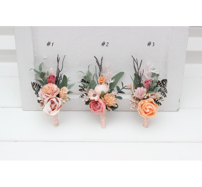Romantic Groom Boutonniere in Dusty Rose, Blush Pink & Peach