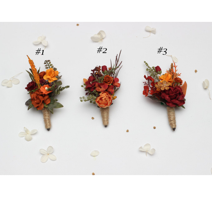 Autumn Wedding Boutonniere in Burgundy, Rust, Orange & Olive Green