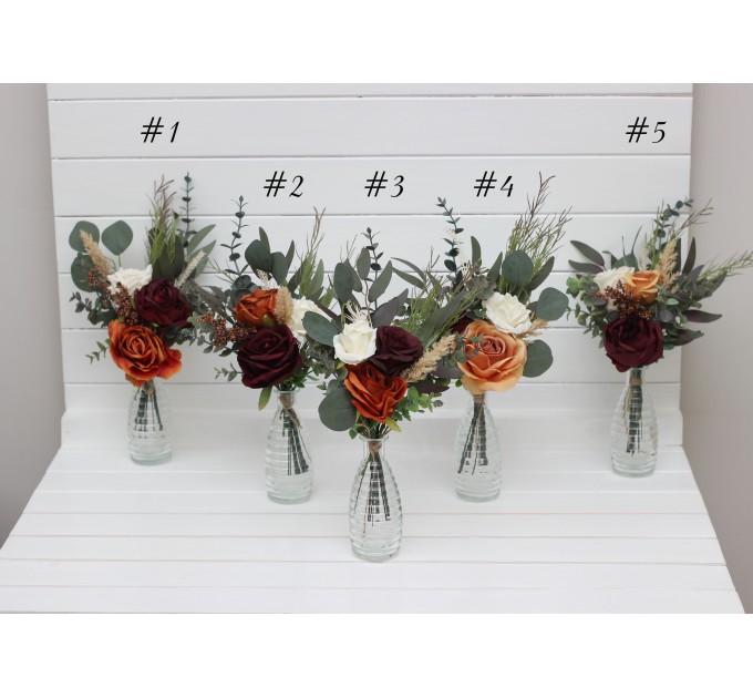 Rust burgundy ivory mini bouquets for vases. Flowers for wedding decor. Centerpiece. 5272