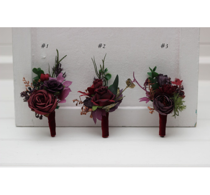 Moody Wedding Boutonniere with Burgundy and Deep Purple Flowers