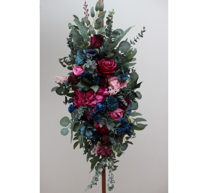  Flower arch arrangement in jewel-tone color scheme. Emerald green purple magenta teal navy blue colors.  Arbor flowers. Floral archway. Faux flowers for wedding arch. 5055