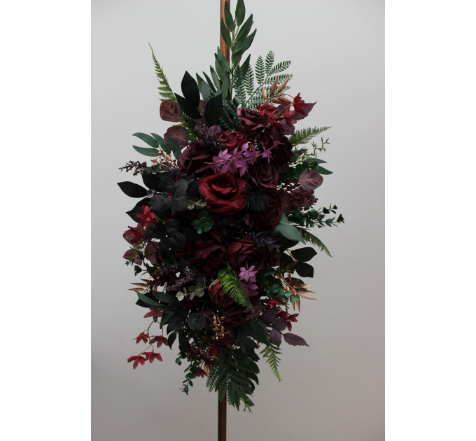 Moody Wedding Arch Arrangements in Burgundy, Deep Purple & Forest Green
