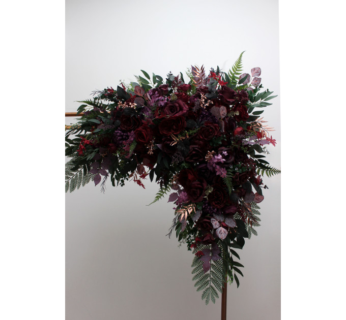 Moody Wedding Arch Arrangements in Burgundy, Deep Purple & Forest Green