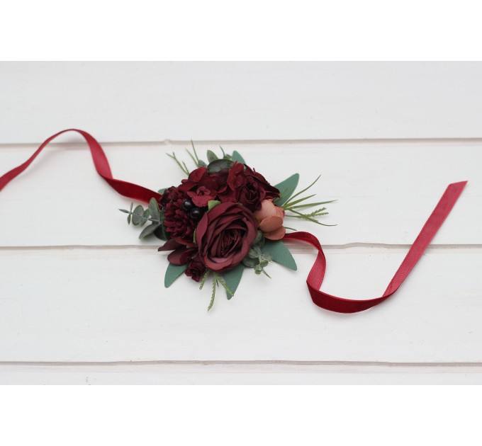  Wedding boutonnieres and wrist corsage  in burgundy dusty rosecolor scheme. Flower accessories. 5329