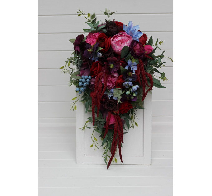 Jewel Tone Faux Bridal Bouquet with Cascading Flowers