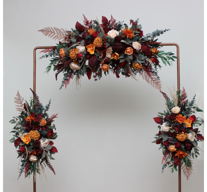  Flower arch arrangement in burnt orange red burgundy colors.  Arbor flowers. Floral archway. Faux flowers for wedding arch. 5103