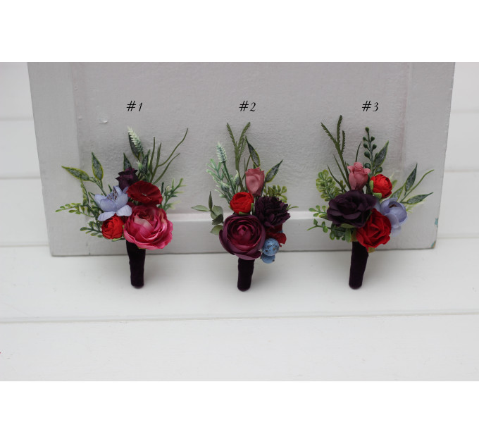 Jewel Tone Wedding Boutonniere in Red, Pink & Purple