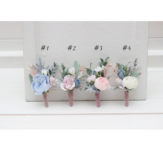  Wedding boutonnieres  in dusty blue blush pink white color scheme. Flower accessories. 0509-1