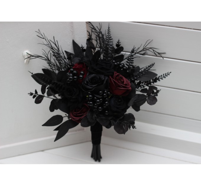 Bouquets in black and burgundy color theme. Bridal bouquet. Faux bouquet. Bridesmaid bouquet. Cascading bouquet. 5325