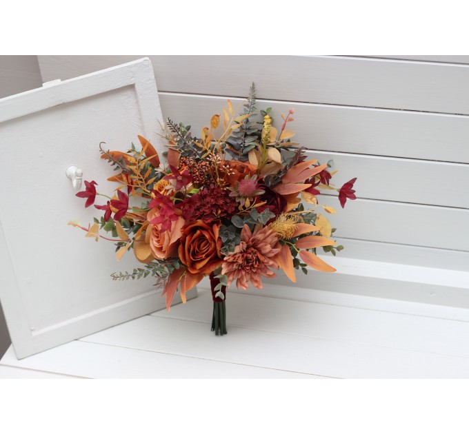 Wedding bouquets in rust burgundy orange  colors. Bridal bouquet. Faux bouquet. Bridesmaid bouquet. 5073-1