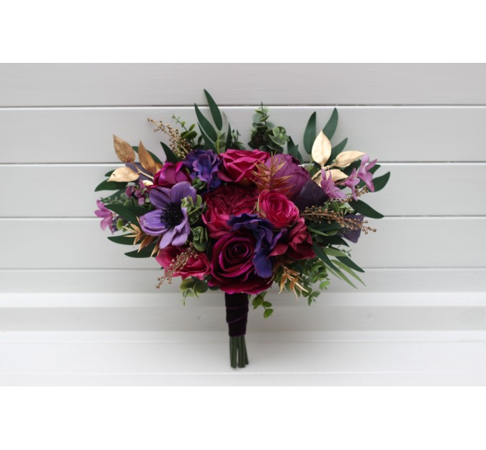 Bouquets in purple magenta gold color theme. Bridal bouquet. Faux bouquet. Bridesmaid bouquet. 5273