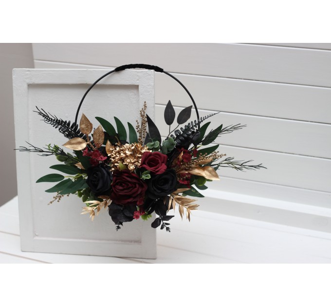 Flower hoop in burgundy black gold green color scheme. Alternative bridesmaid bouquet. 5305