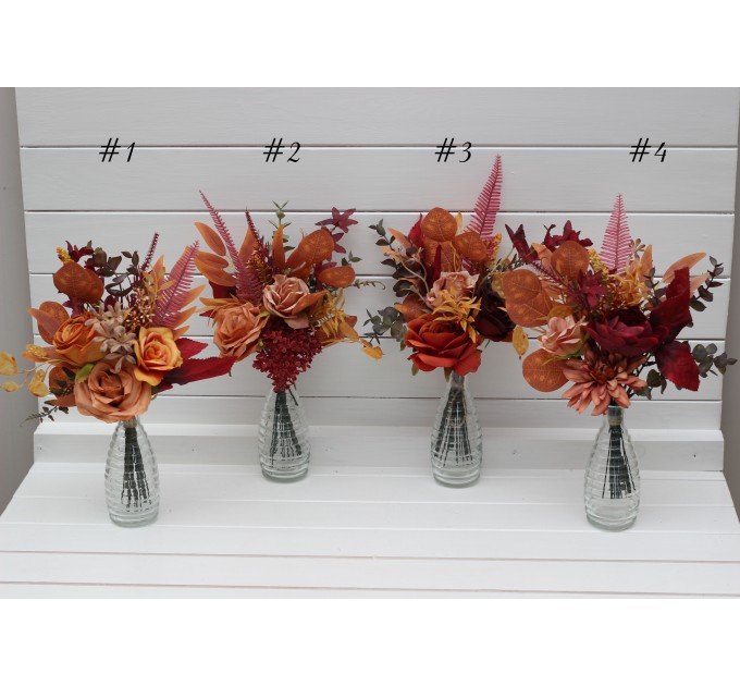 Mini bouquets for vases. Flowers for wedding decor. Table flowers in rust burgundy orange colors. Centerpiece. 5073