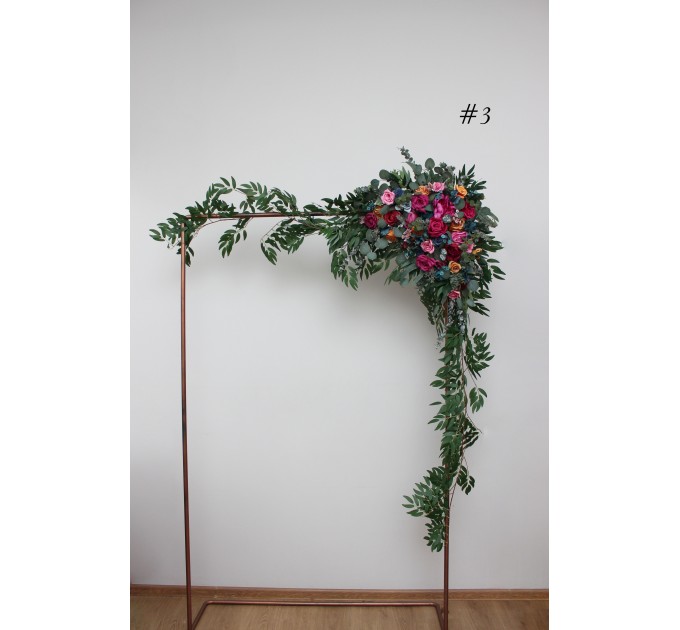  Flower arch arrangement in jewel-tone color scheme.  Arbor flowers. Floral archway. Faux flowers for wedding arch. 5187