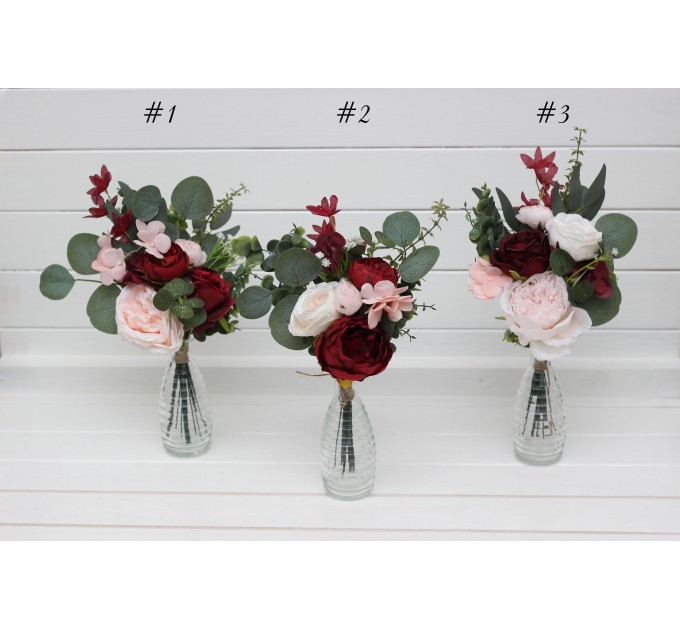 Mini bouquets for vases in burgundy blush pink color scheme. Flowers for wedding decor. Table flowers. Centerpiece. 5246