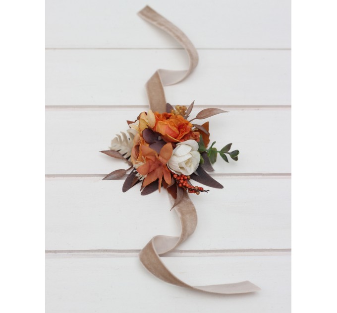  Wedding boutonnieres and wrist corsage  in orange ivory rust terracotta color scheme. Flower accessories. 5140