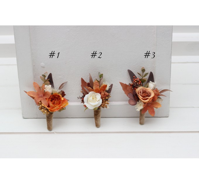  Wedding boutonnieres and wrist corsage  in orange ivory rust terracotta color scheme. Flower accessories. 5140