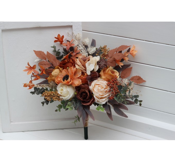 Wedding bouquets in orange ivory rust terracotta colors. Bridal bouquet. Faux bouquet. Bridesmaid bouquet. 5140