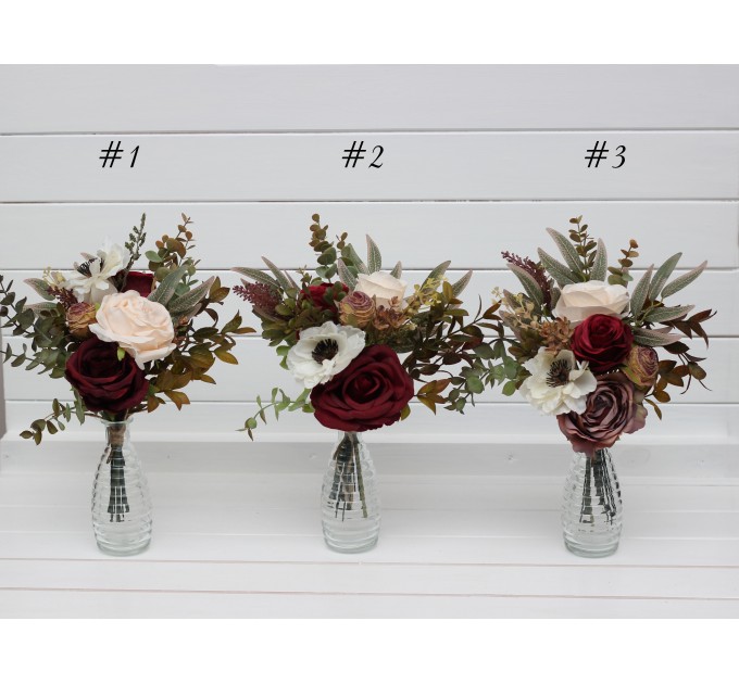 Mini bouquets for vases in burgundy ivory white color scheme. Flowers for wedding decor. Table flowers. Centerpiece. 5310