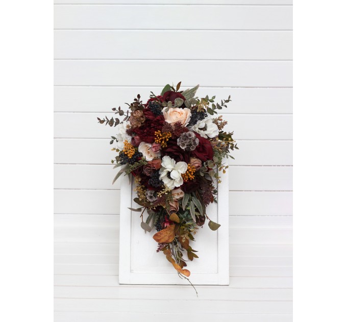 Cascade bouquet. Burgundy ivory white brown flowers. Bridal bouquet. Faux bouquet. Fall wedding bouquet. Silk flowers. Boho wedding. Brown oliva greenery. Bridal bouquet. Faux bouquet. Bridesmaid bouquet. 5310